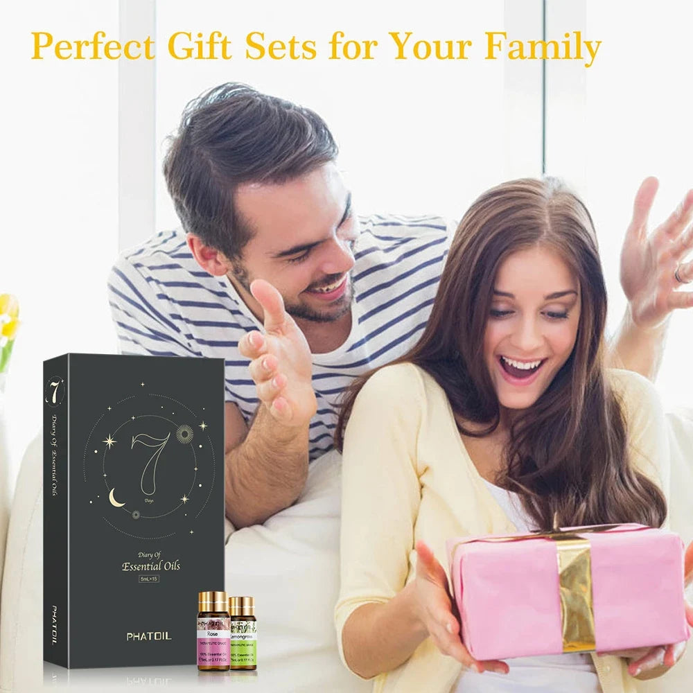12-piece essential oil gift set with pure plant extracts for diffusers, massage, and aromatherapy.