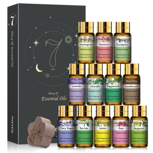 12-piece essential oil gift set with pure plant extracts for diffusers, massage, and aromatherapy.