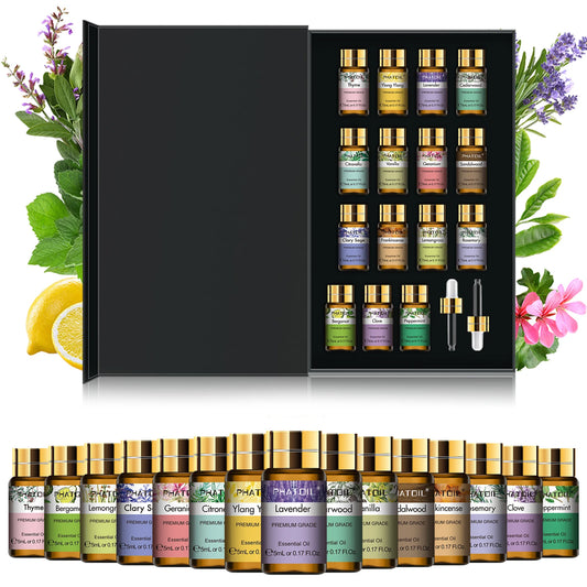 15-piece pure essential oil gift set for diffusers, candles, massage, and spa treatments.