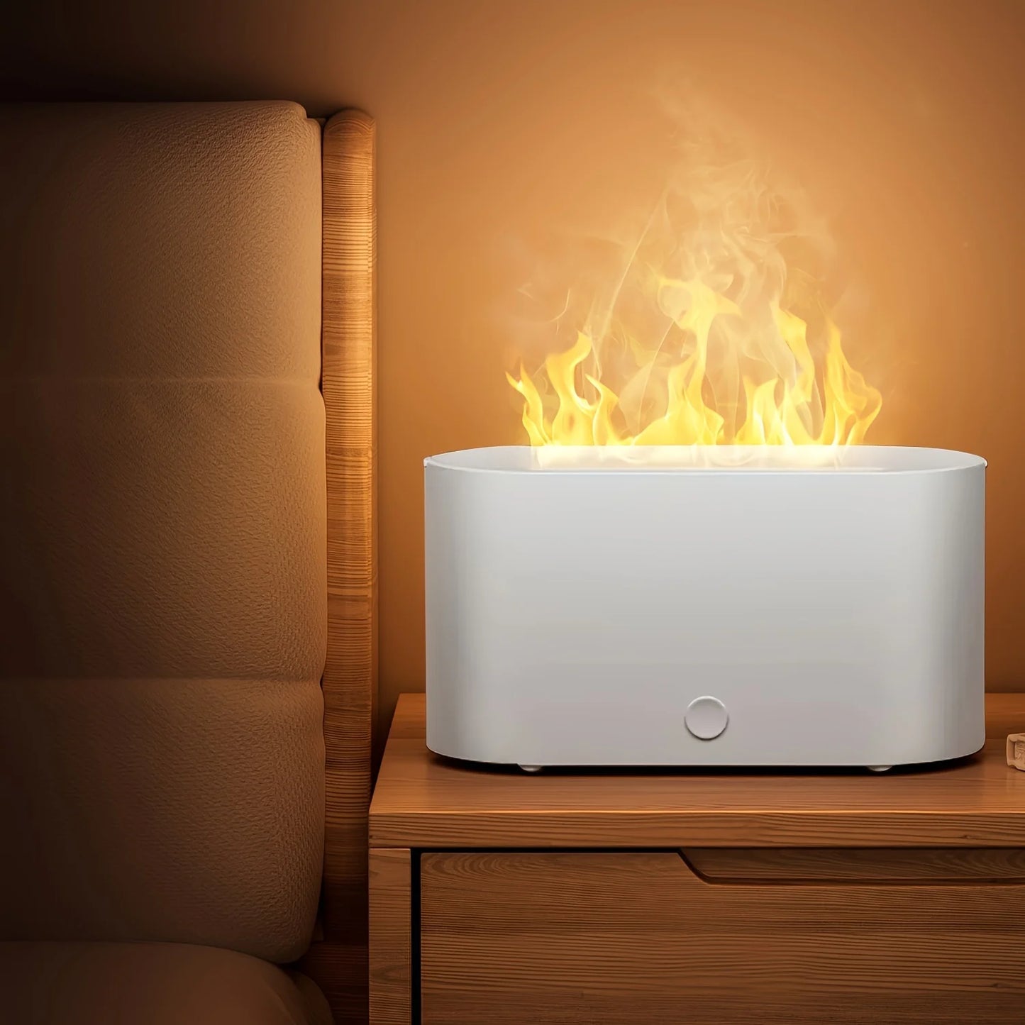 Mini flame-effect LED aromatherapy diffuser and USB-powered humidifier with 7 color lights.