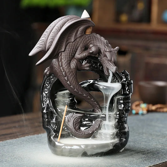 Front view of ceramic dragon incense burner for aromatherapy