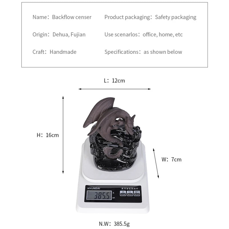 Size and packaging view of ceramic dragon incense burner