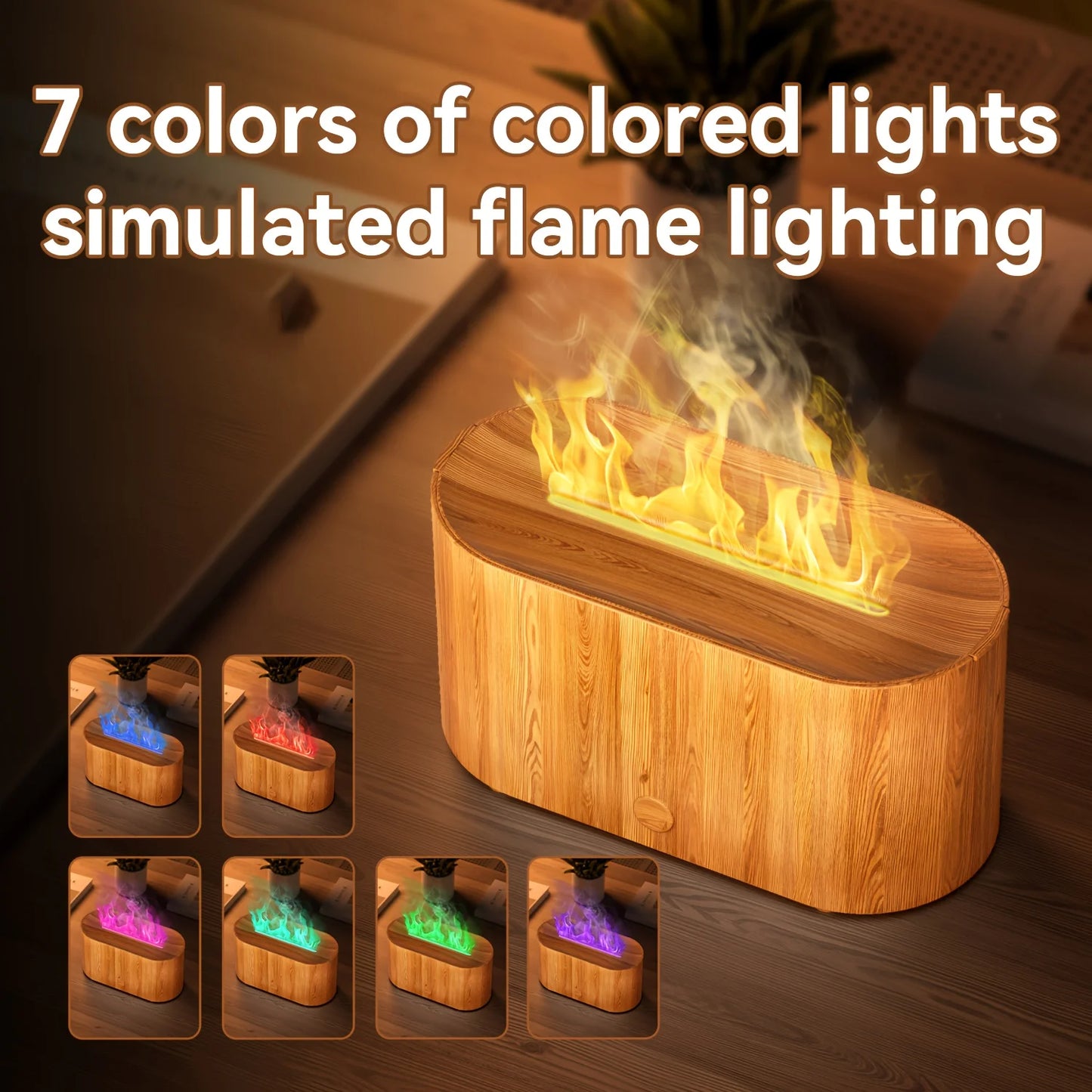 Mini flame-effect LED aromatherapy diffuser and USB-powered humidifier with 7 color lights.