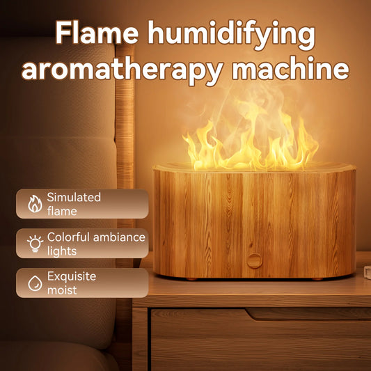 Mini flame-effect LED aromatherapy diffuser and USB-powered humidifier with 7 color lights.