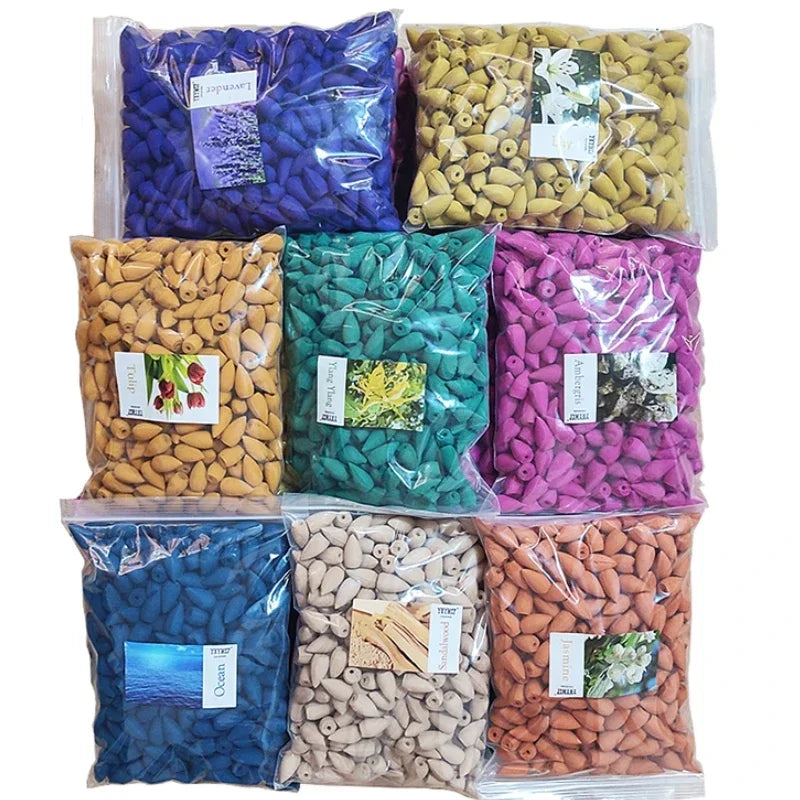 Pack of 60 natural backflow incense cones with mixed scents