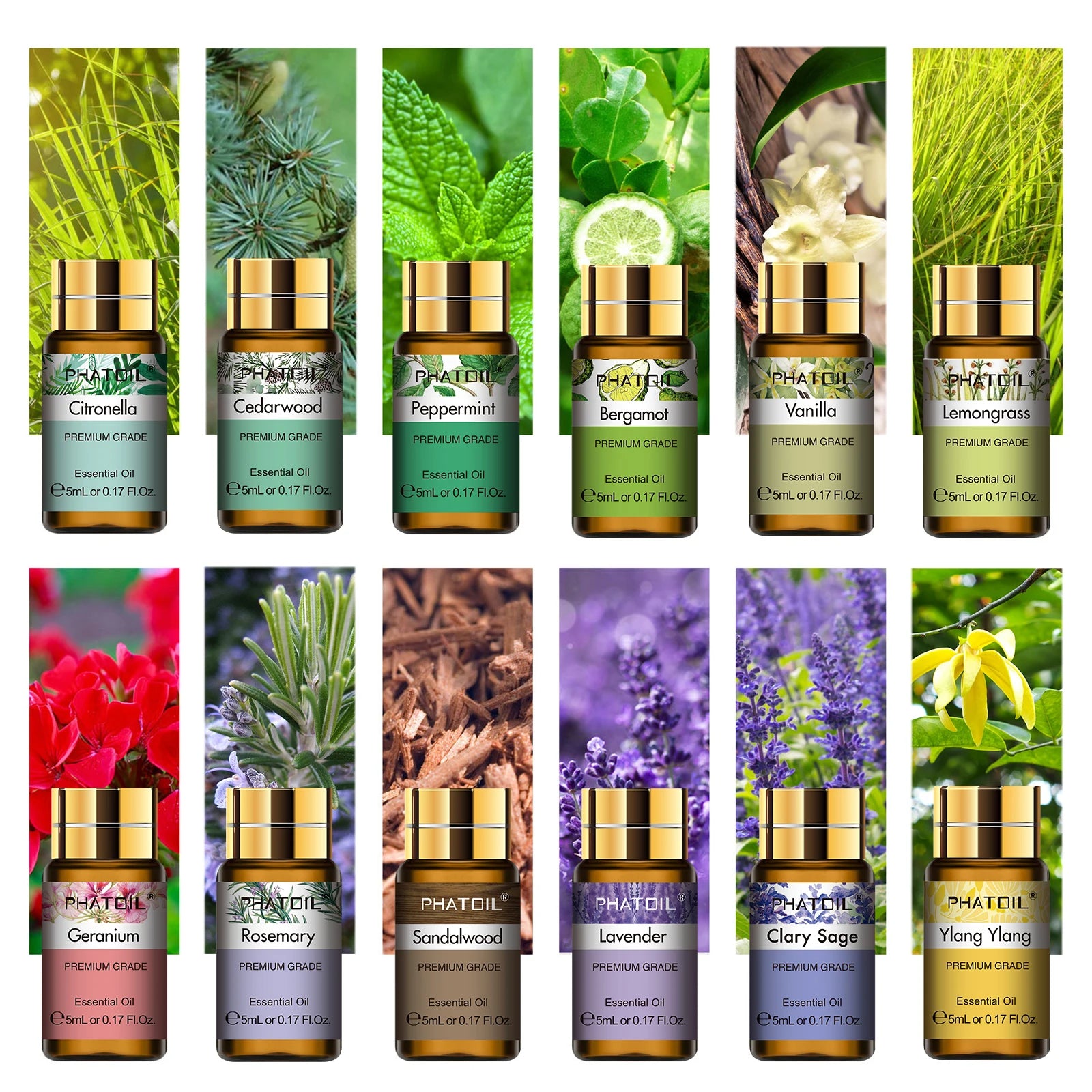 15-piece pure essential oil gift set for diffusers, candles, massage, and spa treatments.