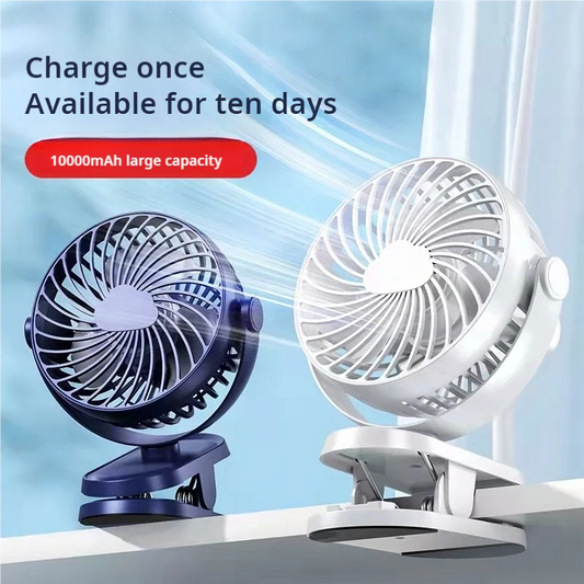 Portable clip-on USB mini fan with adjustable airflow, silent operation, for dorms and offices.
