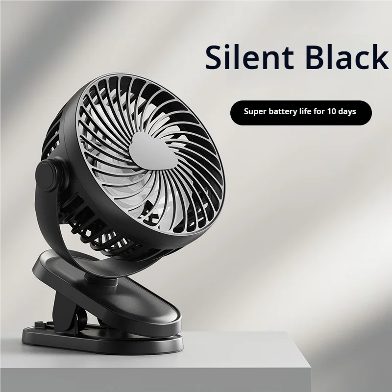 Portable clip-on USB mini fan with adjustable airflow, silent operation, for dorms and offices.

