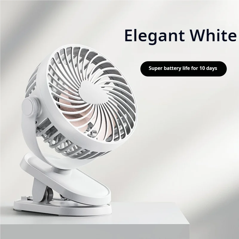 Portable clip-on USB mini fan with adjustable airflow, silent operation, for dorms and offices.
