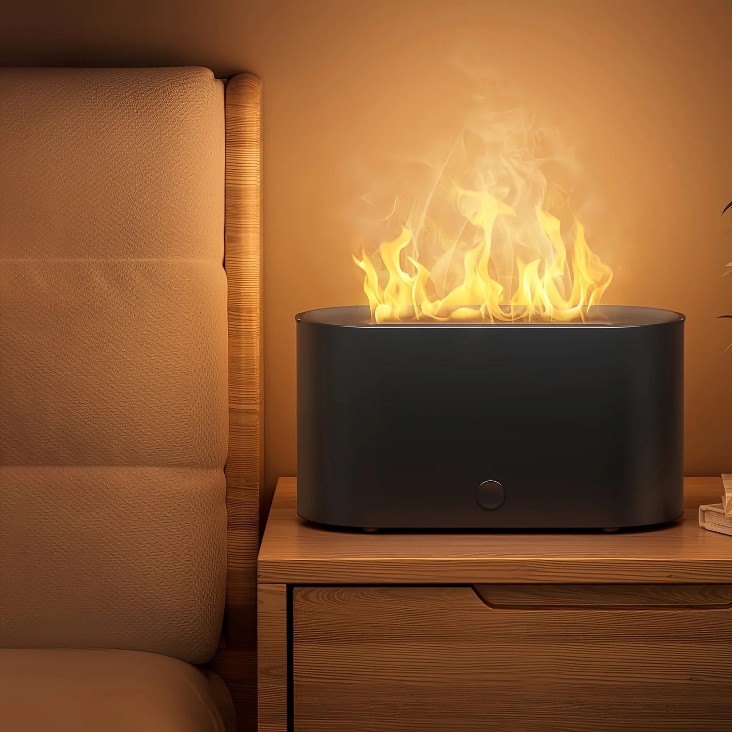 Mini flame-effect LED aromatherapy diffuser and USB-powered humidifier with 7 color lights.