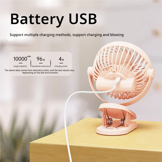 Portable clip-on USB mini fan with adjustable airflow, silent operation, for dorms and offices.
