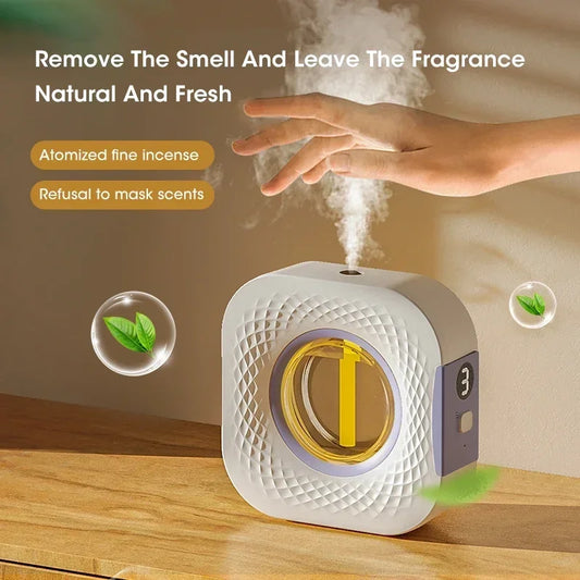 Smart aroma diffuser and air purifier with digital display, wall mount or tabletop design, USB powered.