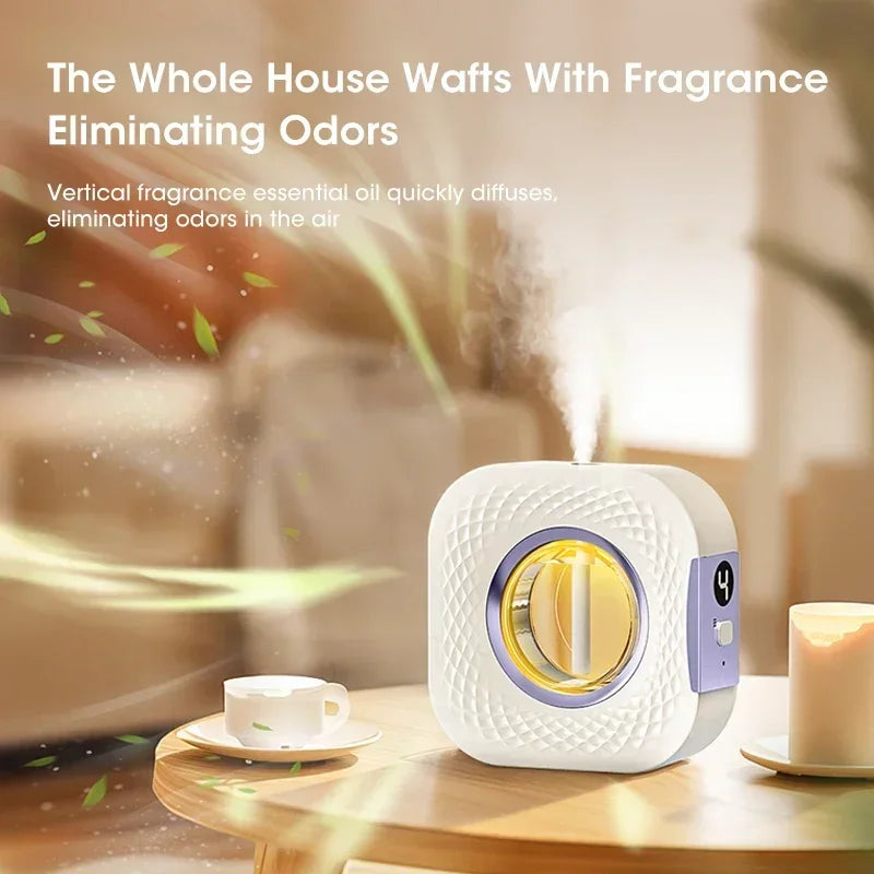 Smart aroma diffuser and air purifier with digital display, wall mount or tabletop design, USB powered.