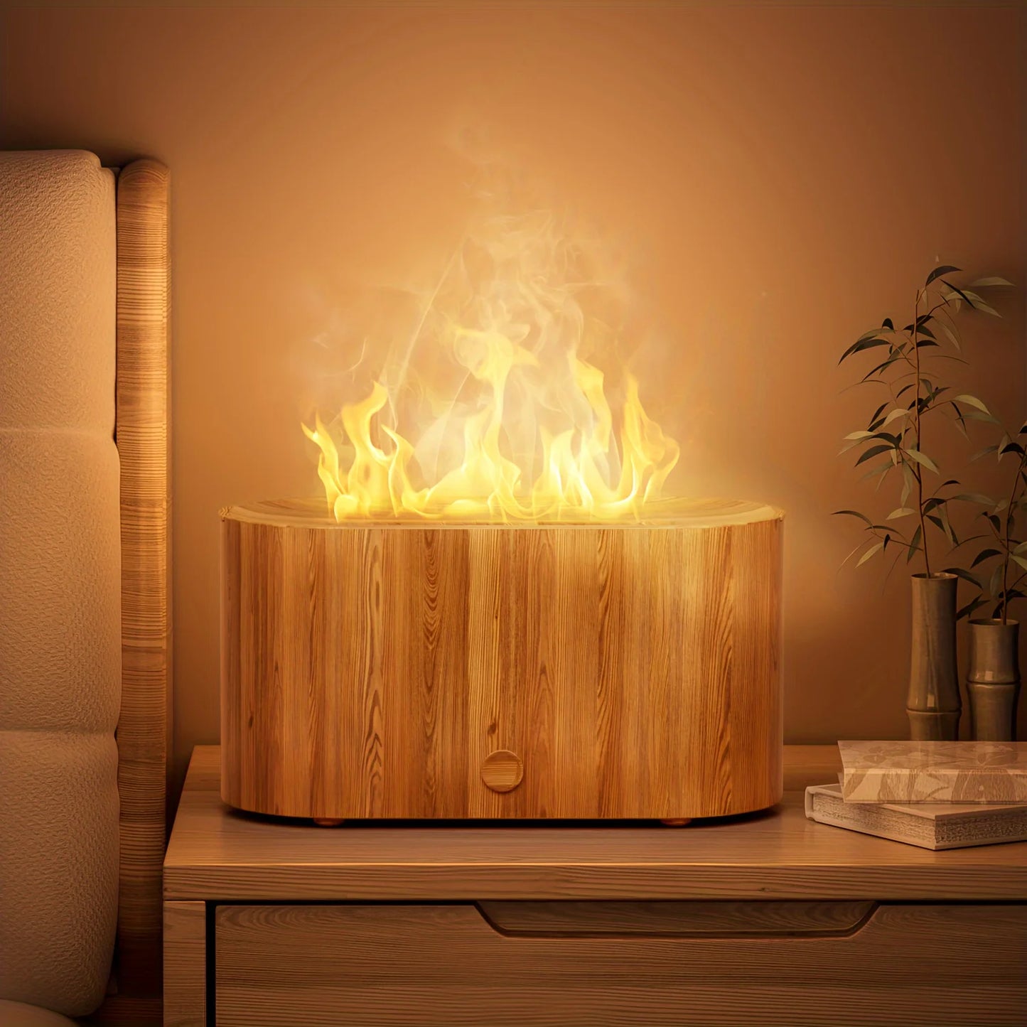 Mini flame-effect LED aromatherapy diffuser and USB-powered humidifier with 7 color lights.