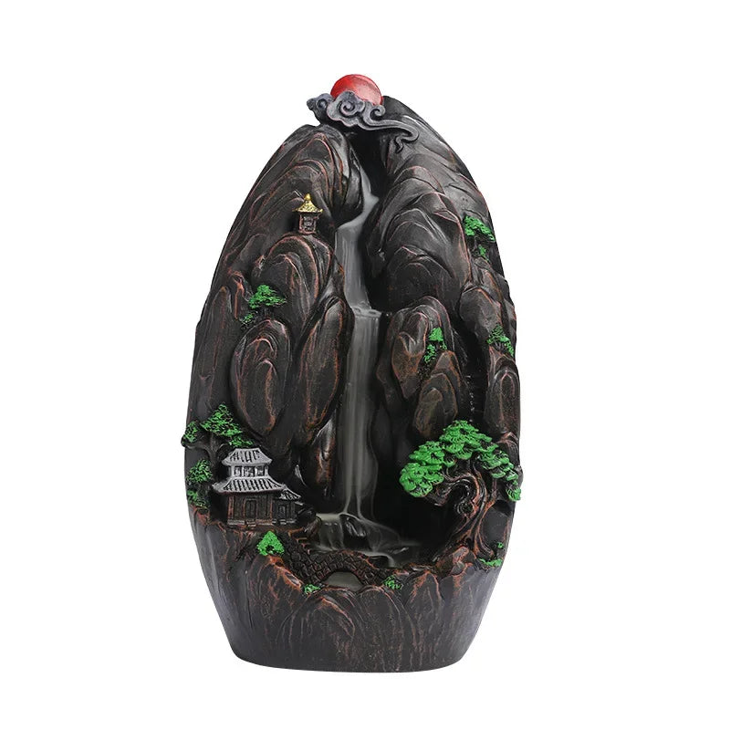 Side profile of waterfall incense burner showing detailed resin sculpture
